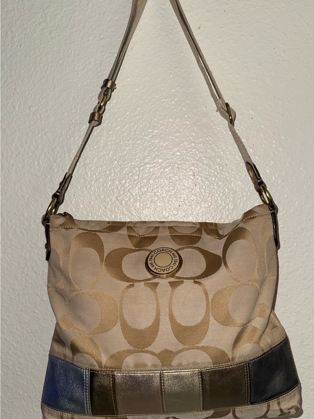 Coach Beige Signature Logo Shoulder Bag with Metallic Trim